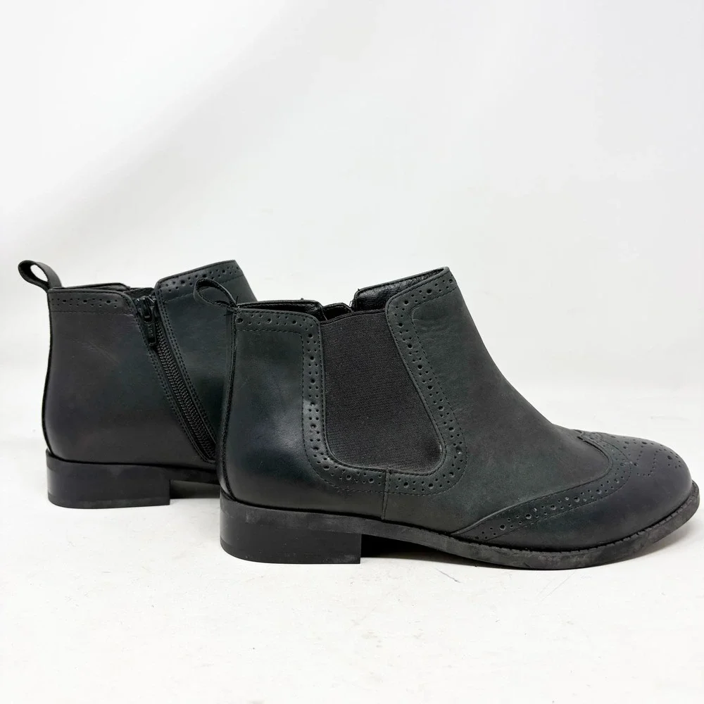 Vionic Sawyer Black Leather Wingtip Brogue Chelsea Ankle Boots Women's 8